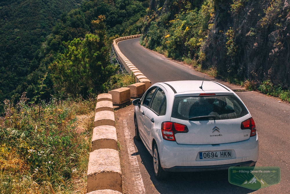 Car on a narrow Anaga mountain road in Tenerife