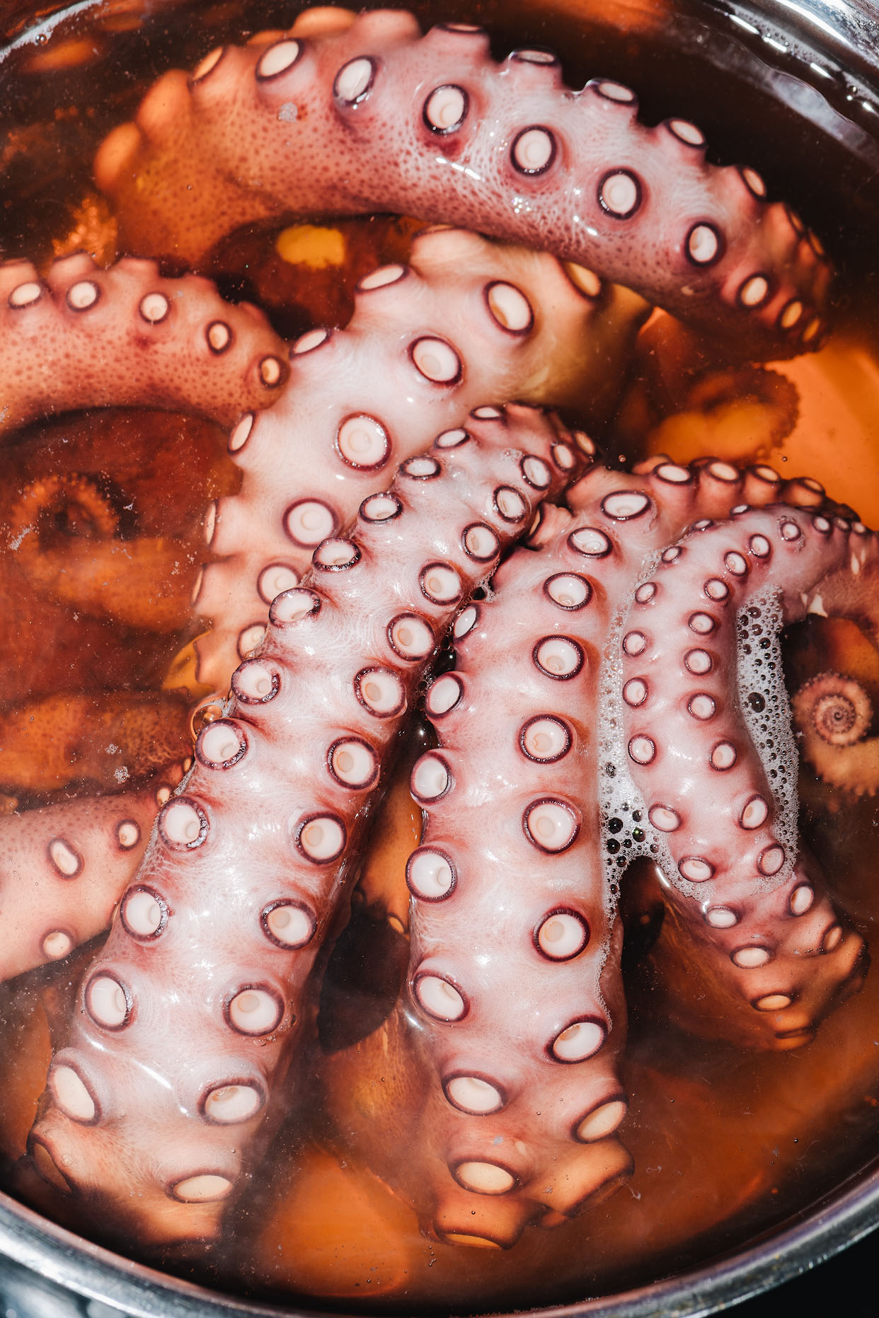 Octopus tentacles gently simmering in a pot before grilling