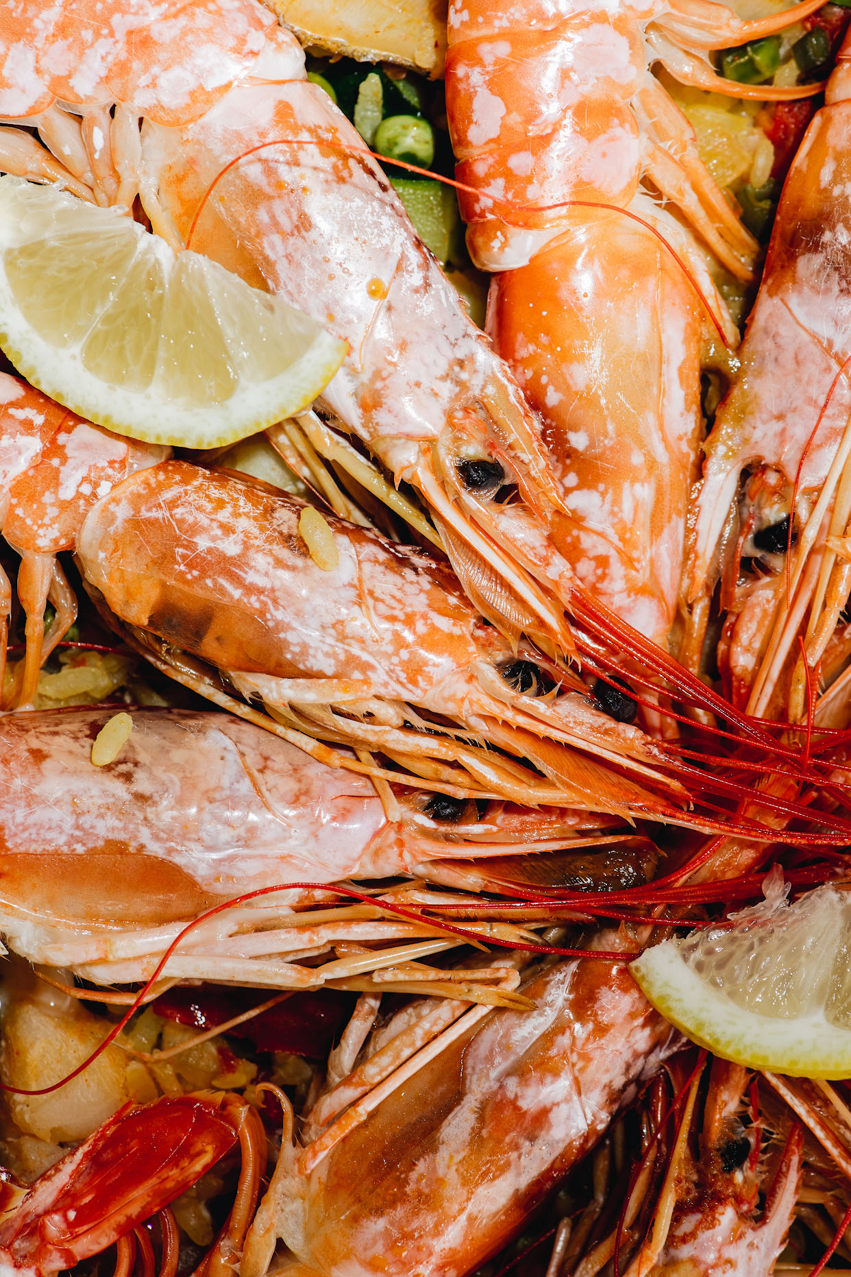 Close-up of whole prawns and lemon on finished Tenerife seafood paella
