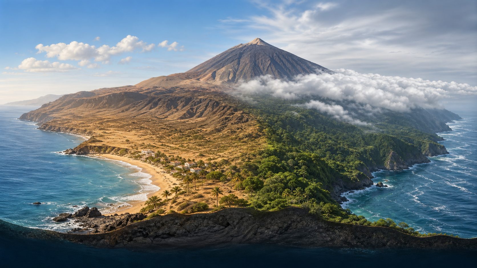 Illustrated cross-section of Tenerife showing the sunny south coast, cloudier green north and Teide above the clouds